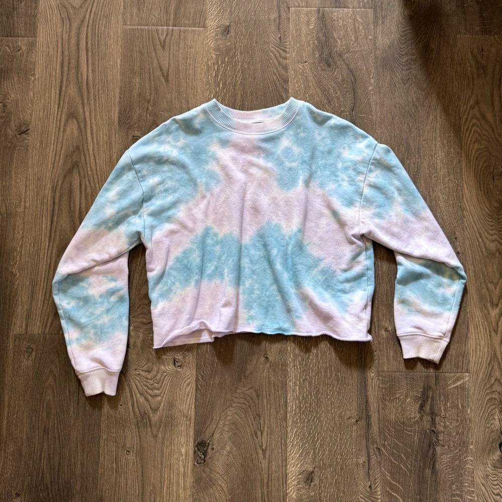 American Eagle Tie-Dye Cropped Sweatshirt XS Blue Purple Pink Candy Raw Hem